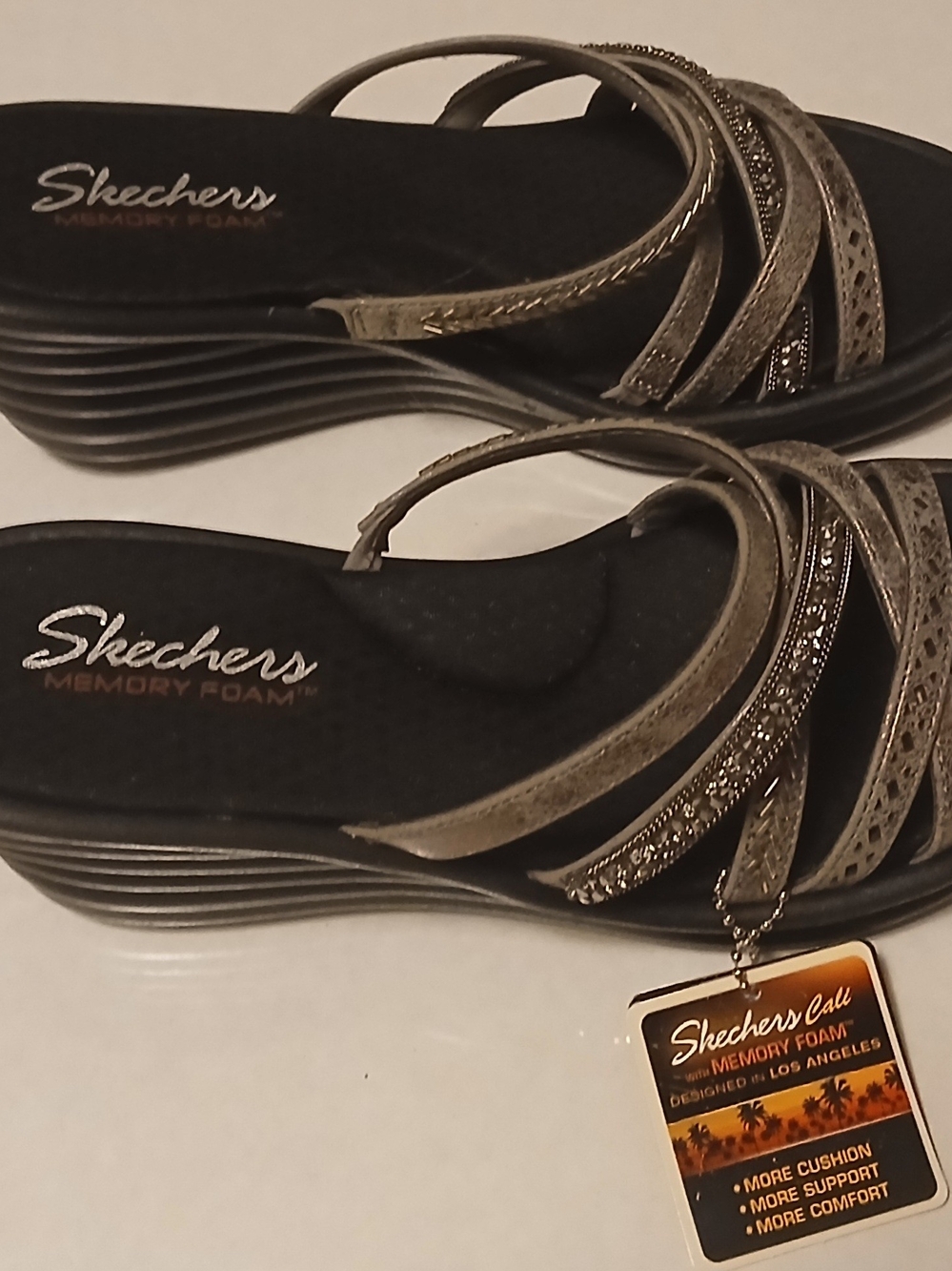 Skechers Women's Metallic Silver Strappy Memory Foam Sandals. Memory foam.